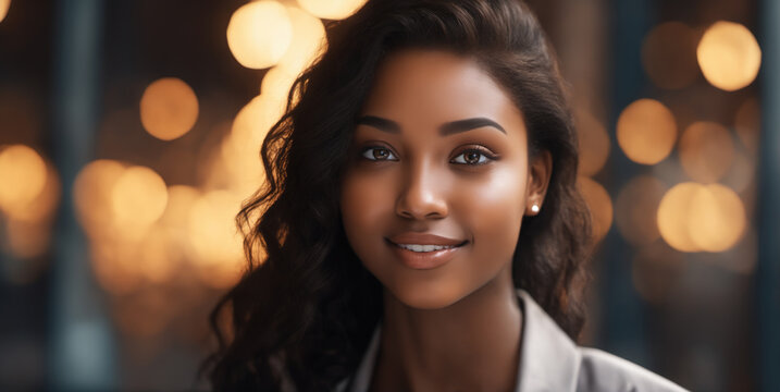 A joyful young woman, 20-25 years old, with a radiant smile, set against a golden bokeh cityscape. Perfect for illustrating the happiness of a diverse, urban female influencer.