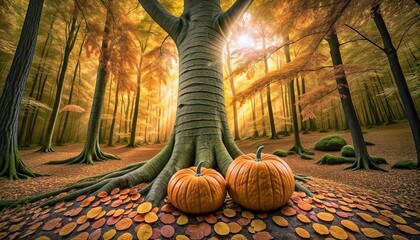 Captivating autumn scene with tall trees, vibrant fall foliage, and pumpkins at the base. Perfectly captures the essence of autumn. Generative AI.