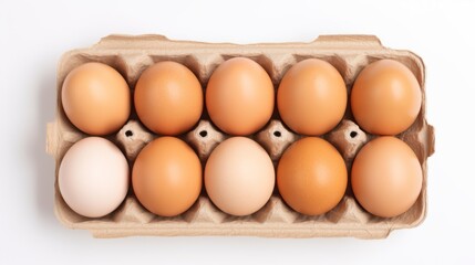 a dozen eggs on a white background, top view