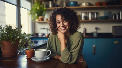 Beautiful woman smiling with a cup of coffee in the kitchen of her home - Powered by Adobe