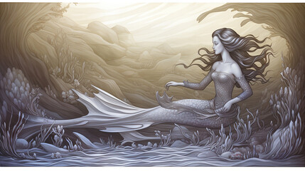 Ethereal Mermaid: An enchanting pencil sketch of an ethereal mermaid beneath the waves, portraying her mysterious allure.