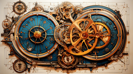 Steampunk Gears and Gadgets: An intricate pencil drawing of steampunk gears and gadgets, emphasizing the mechanical details. - obrazy, fototapety, plakaty