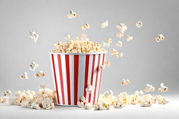 3D Illustration of Popcorn Soaring from a Striped Bucket, Perfect for Movie Nights.