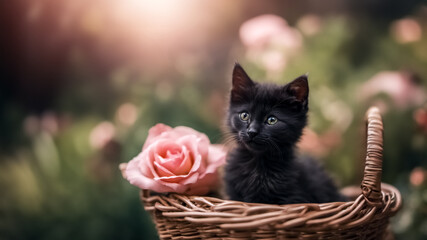 IL gattino nero con occhi chiari in una cesta con una rosa - obrazy, fototapety, plakaty