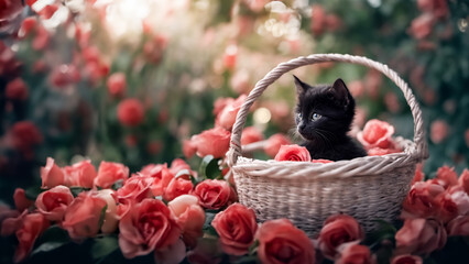 Il gattino nero con occhi chiari in una cesta con rose sullo sfondo II - obrazy, fototapety, plakaty