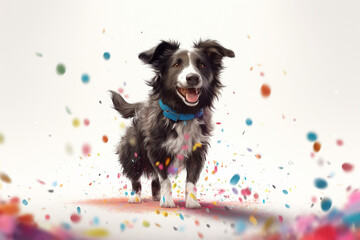 Funny black and white border collie dog with colorful confetti
