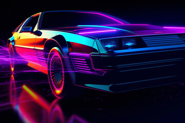 Fototapeta na wymiar 3D rendering of a brand-less generic concept car in neon light