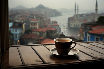 A cup of turkish coffee on a rainy day in Istanbul - obrazy, fototapety, plakaty