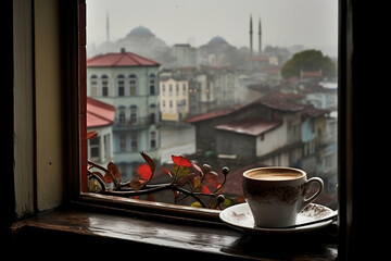 A cup of turkish coffee on a rainy day in Istanbul - obrazy, fototapety, plakaty