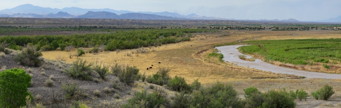 Panoramic view of the Rio Grande River at low levels near Elephant Butte State Park, Truth or Consequences, New Mexico, with Vick's Peak and the San Mateo Mountains to the northwest.