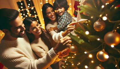 lose-up photo of a family of Hispanic descent, engrossed in decorating their Christmas tree. Amidst the laughter and chatter