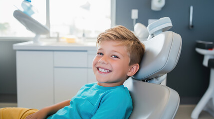 Little boy sits on a chair in a dental clinic