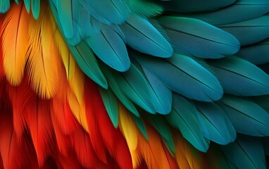 Obraz premium Colorful background with the texture of colorful feathers of exotic birds, bright beautiful feathers of a parrot or peacock.