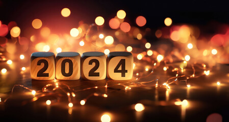 Wooden block cubes displaying the number 2024 with a bokeh light background,  for New Year's Eve.