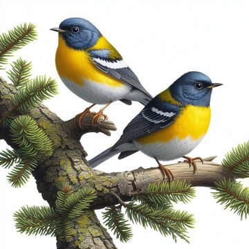 A male and female Northern Parula perched on a tree limb isolated on a white background