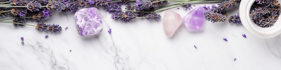 A delicate flat lay featuring lavender flowers and natural cosmetics, elegantly displayed on a...
