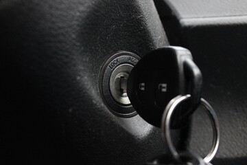 Car key in ignition words Lock Acc visible UK - obrazy, fototapety, plakaty