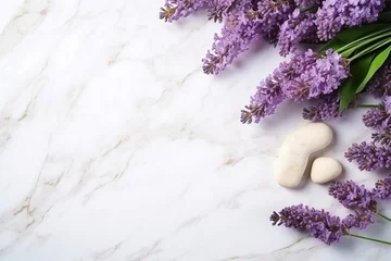 Fotobehang A delicate flat lay featuring lavender flowers and natural cosmetics, elegantly displayed on a sophisticated marble background, offering a soothing visual experience and empty space for versatile use. © Kristian