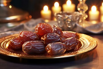 Festive Ramadan celebration, dates on plate. Generative AI