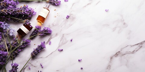 Obraz na płótnie Canvas A delicate flat lay featuring lavender flowers and natural cosmetics, elegantly displayed on a sophisticated marble background, offering a soothing visual experience and empty space for versatile use.