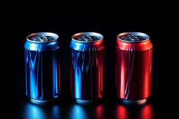 Blue soda cans with red straw isolated on black. Generative AI