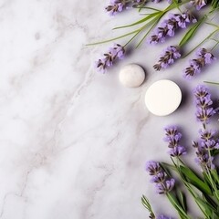 Fototapeta na wymiar A delicate flat lay featuring lavender flowers and natural cosmetics, elegantly displayed on a sophisticated marble background, offering a soothing visual experience and empty space for versatile use.