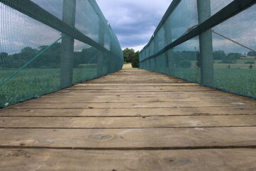 Low angled perspective shot of wooden footbridge with green garden netting covering sides