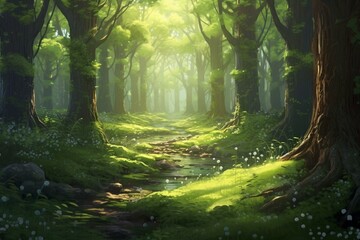 Enchanting sunlit forest with lush green trees on the floor. Serene landscape depicted in a digital illustration. Generative AI