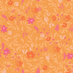 Abstract floral seamless pattern. Bright colors, gouache painting. Outline contour lines forming stylized blooming daisy flowers.
Curved lines and brush strokes.