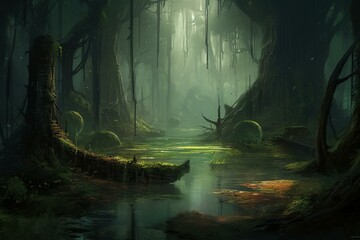 A mysterious swamp with enchanting anime-esque visuals and a Dungeons & Dragons inspired setting. Generative AI - obrazy, fototapety, plakaty