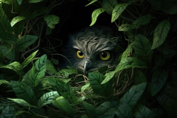 Owl Peering Out of Leafy Hole
