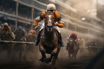 Fototapeta premium Man Riding Horse on Dirt Track