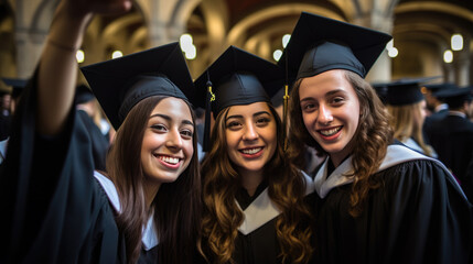 Obraz premium Happy smiling graduating students friends in an academic gowns standing in front of college