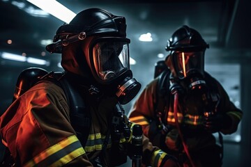 Firemen in Protective Gear in Dark Room