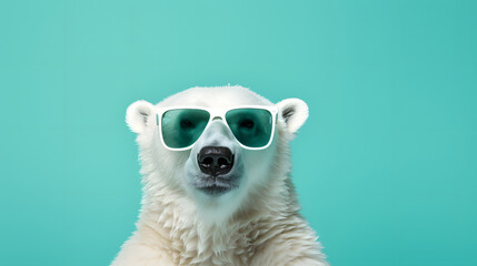 Cool polar bear with sunglasses against mint background 