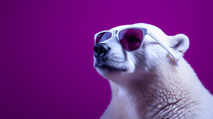 Cool polar bear with sunglasses against violet background 