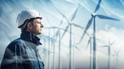 Fototapeta premium Double exposure of an engineer wearing a protective helmet against a backdrop of turbines. Environmental concept.