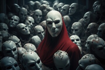 Woman in Red Cloak Surrounded by White Masks