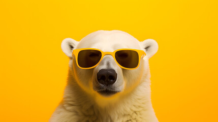 Cool polar bear with sunglasses against yellow background