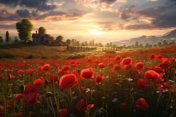 Red Poppies Field with House