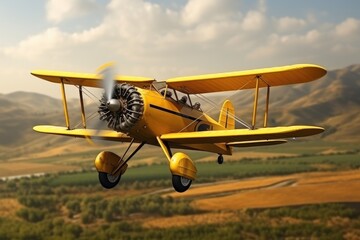 Small Yellow Airplane Flying over Green Field