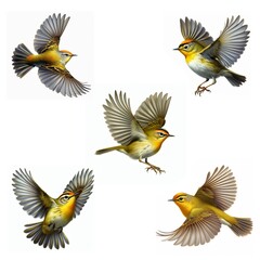 Fototapeta premium A set of Orange-crowned Warblers flying isolated on a white background