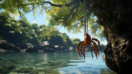 A folding net for crayfish and crabs is hanging from a tree next to the water. - obrazy, fototapety, plakaty