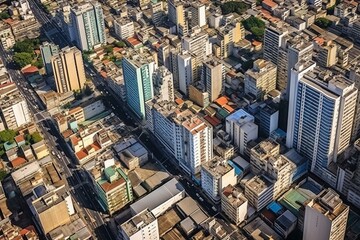 Bird's-eye view of downtown Belo Horizonte in Brazil. Buildings line Avenida Afonso Pena. Generative AI