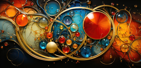 Abstract background with colors spheres, swirls and splashes.
