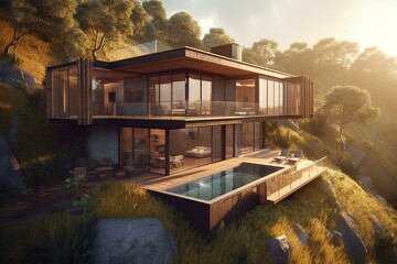 An enchanting house on a hill with a cabin-like design, nestled amidst trees. It features an ecological module placement and a wooden deck with an infinity pool. Generative AI - obrazy, fototapety, plakaty