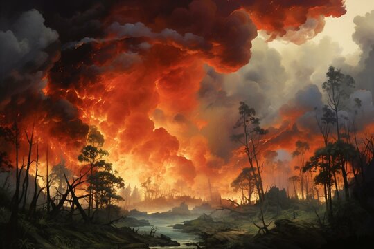 A dense cloud of smoke rises above a burning forest in an intricately painted scenery. Generative AI