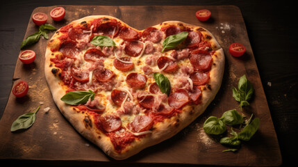 Pizza heart shaped with pepperoni, tomatoes, mozzarella, garlic and parsley on wooden table background.
