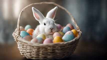 Fototapeta na wymiar Coniglio nella cesta con le uovo di Pasqua
