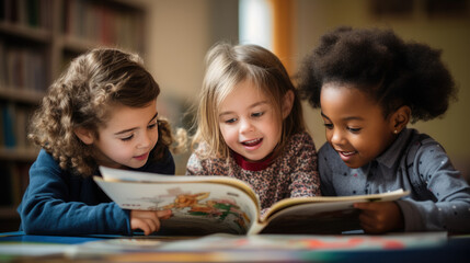 Group of little preschoolers reading a book sitting at the classroom - obrazy, fototapety, plakaty